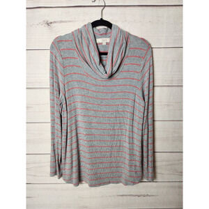 Loft Womens Pullover Sweater Gray Red Striped Long Sleeve Cowl Neck Stretch M‎